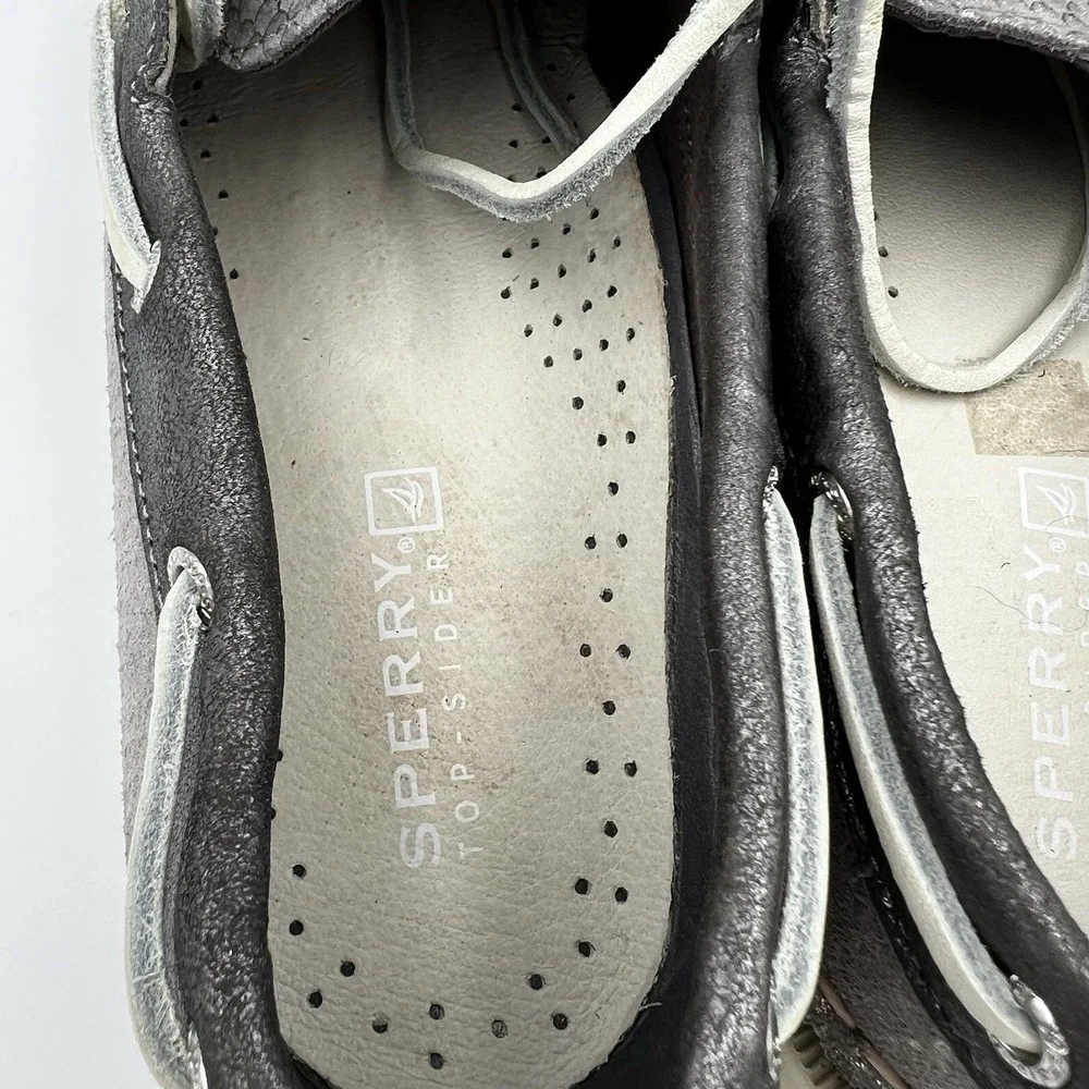 Sperry Angelfish Silver Metallic Leather Boat Shoes W‎ 9M Coastal Marina Preppy